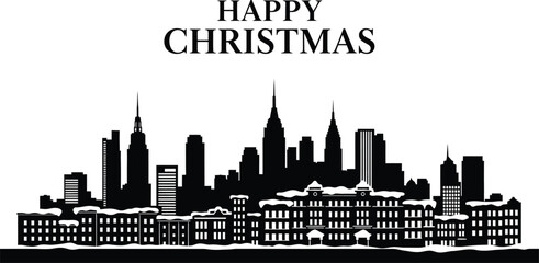 Happy christmas city skyline with festive lights and buildings isolated on white background