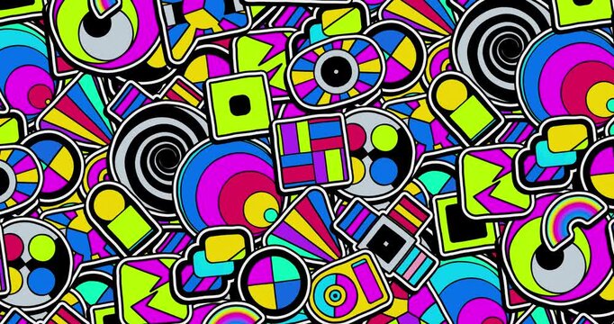 Bright geometric chaos design with interlocking shapes in vibrant disarray, providing a bold, artistic motion loop for innovative and unconventional projects.