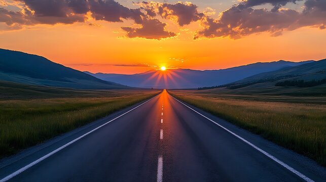 A long road stretching toward a sunset between mountains with a cloudy sky above it all - Powered by Adobe