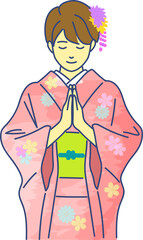 振り袖姿でお参りする女性　png