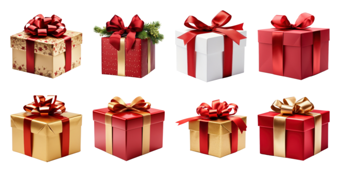 PNG Festive colorful wrapped gift boxes, element set on transparent background
