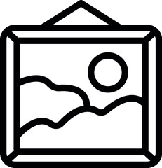 Line art icon of a framed painting depicting a minimalist landscape with hills and a sun