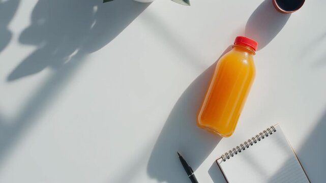 Orange juice bottle sits on white desk next to notebook and pen in bright sunlight, creating a refreshing and productive workspace atmosphere.