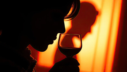 - Silhouette of a person savoring wine against a warm orange background
