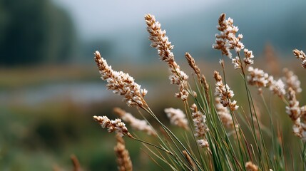 Obraz premium Close up view of dry grass seed heads swaying gently in a misty natural landscape