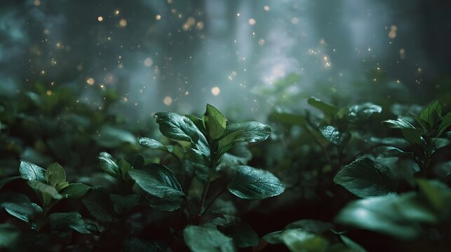 Enchanted green foliage with magical glowing particles in a mystical misty forest setting