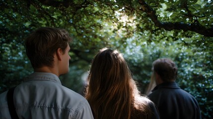 Fototapeta premium Three individuals walk from behind through a sun d d forest path surrounded by lush green trees and foliage