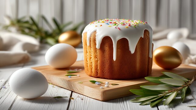 A beautiful kulich decorated with frosting sits on a wooden board