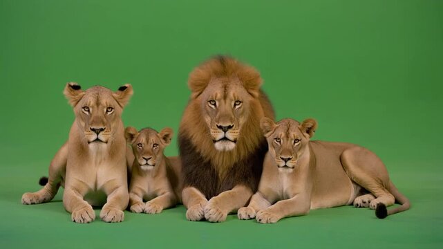Lion family posing together on a green screen with two lionesses and two cubs with the male lion green screen animal video