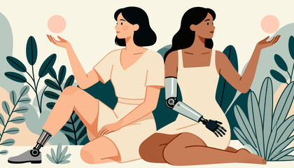 Two women with prosthetic limbs sitting among green plants