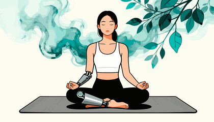 Young woman meditating on yoga mat with a prosthetic arm indoors