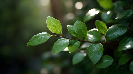 Vibrant green leaves on a branch glistening with dew and illuminated by soft shimmering sunlight