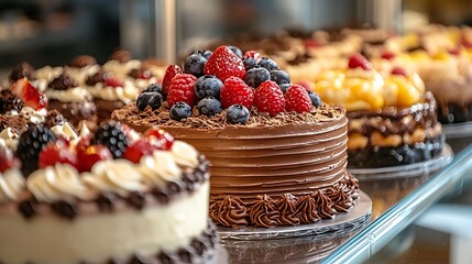 A display case showcasing a variety of decadent cakes adorned with fresh berries and rich chocolate