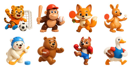 Naklejka premium PNG Cute animals playing various sports, element set on transparent background