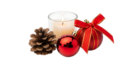 Festive christmas arrangement with lit candle pine cone and red baubles isolated on transparent background