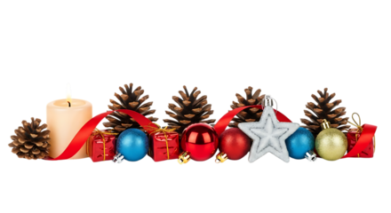 Festive christmas decorations including a candle pine cones ornaments and gifts isolated on transparent background