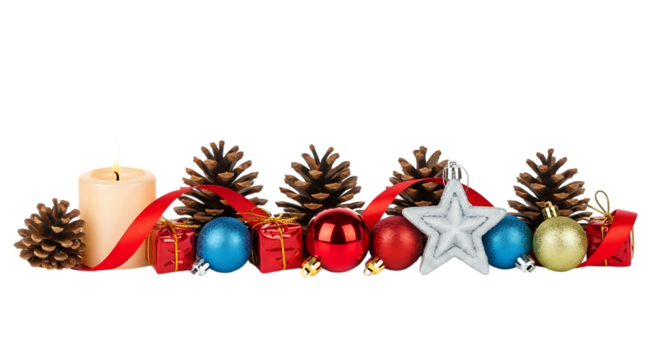 Festive christmas decorations including a candle pine cones ornaments and gifts isolated on transparent background - Powered by Adobe