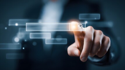 Hand tapping a floating digital interface with futuristic icons in modern office