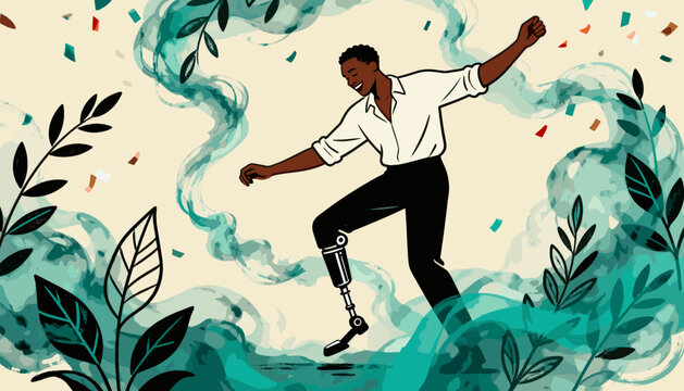 Young black man dancing with a prosthetic leg surrounded by foliage