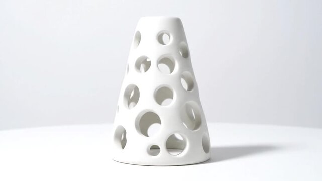 White ceramic cone-shaped vase with circular cutouts on white surface