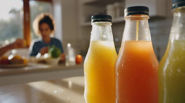 Glass bottles filled with fresh juice stand on kitchen counter as family enjoys healthy breakfast in bright, sunlit morning, promoting wellness.