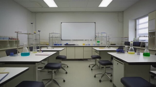 Empty science laboratory with beakers and equipment stands ready for experiments, showcasing a clean and organized learning environment.