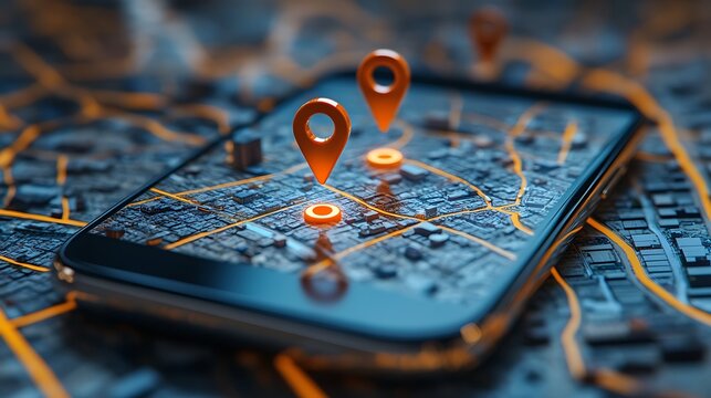 A smartphone displaying a map with orange location pins and highlighted routes in a digital rendering