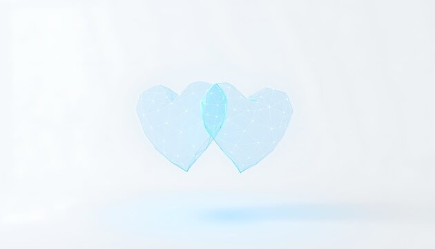 Two adjacent geometric heart shapes with wireframe structure on white background hearts love