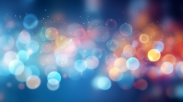 Vibrant abstract bokeh background with colorful blurred lights, glowing circles in blue, orange, and red tones for festive, celebration, or modern design.