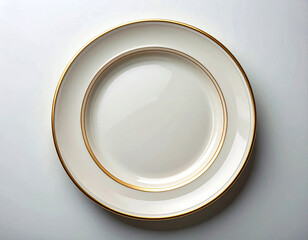 Classic elegance. Ceramic plate with a classic white and gold design on a white background. Porcelain kitchenware. Close-up. Top view.