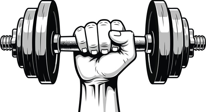Hand gripping heavy dumbbell for strength training workout power illustration