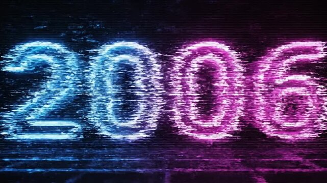 Neon 2006 sign glowing blue and pink on dark background with sparkling particles and grid floor