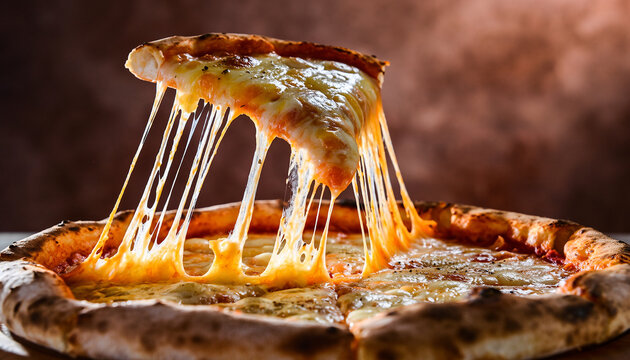A delicious slice of hot cheese pizza is being lifted, with long strings of melted mozzarella cheese stretching dramatically.