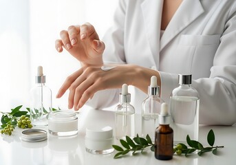 Scientist Testing Natural Organic Skincare Product with Botanical Extracts
