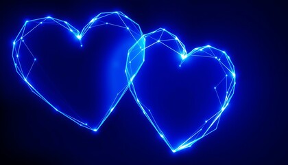 Two abstract glowing blue digital hearts with wireframe and nodes on dark background love technology