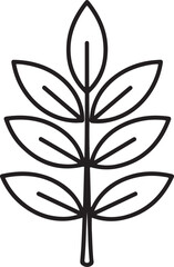 Minimalist black outline drawing of symmetrical branch with six pairs of leaves and central stem on transparent background