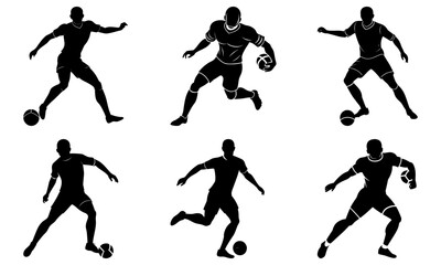 Dynamic soccer players in action poses, perfect for sports designs, team logos, and athletic promotions, showcasing skill, energy, and competitive spirit