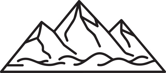Outline drawing of jagged mountain range peaks with stylized snow and wavy water line at base on transparent background