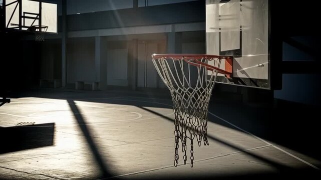 Empty Basketball Court: Sunlight and Shadows on Hoops in Urban Setting