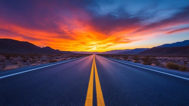 A long asphalt road stretching into the distance under a vibrant sunset sky and mountain landscape - Powered by Adobe