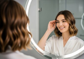 Smiling Woman in White Robe Looking at Reflection in Illuminated Mirror