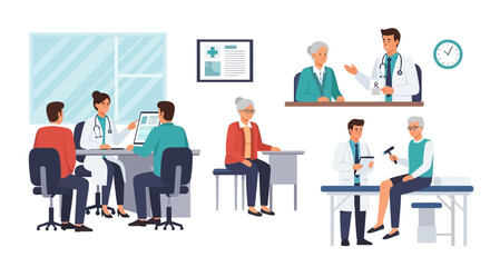 Medical consultation and examination scenes in a clinic with doctors and patients