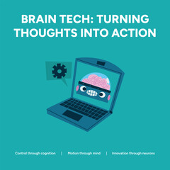 Brain tech turning thoughts into action with a laptop and brain icon