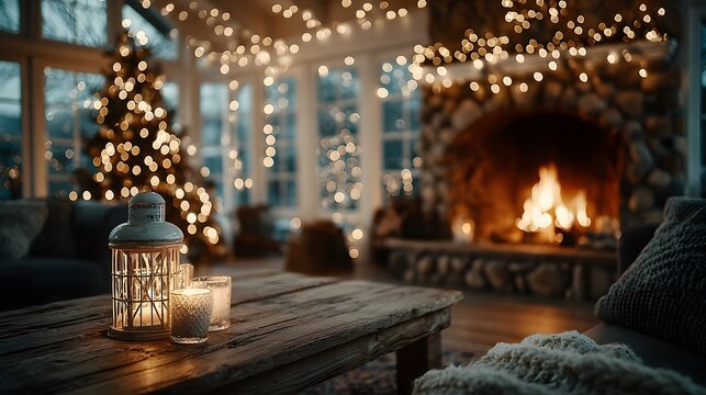 Warm Christmas-themed living room with glowing lights and festive decorations - Powered by Adobe