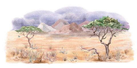 Fototapeta premium An African steppe landscape with dry grasses and mountains on the horizon. Isolated watercolor illustration for interior design, eco-projects, travel agencies, and company branding.