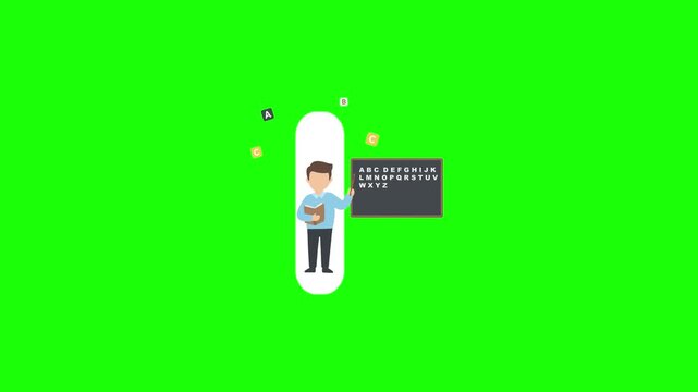 Animated cartoon teacher or student holding a book next to a blackboard on a green screen background.