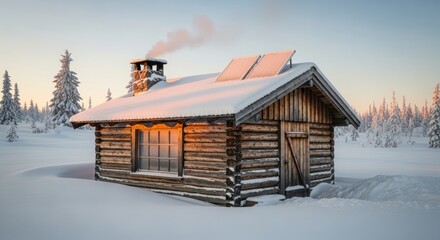 Wooden log cabin with a smoking chimney and snow-covered solar panels on the roof in a winter forest landscape at sunset. Cozy winter hideaway.