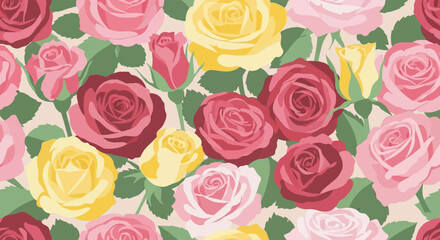 A colorful floral pattern featuring roses in shades of pink, red, and yellow, interspersed with green leaves on a light background.