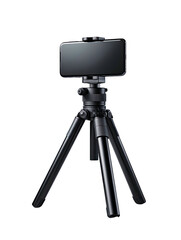 Phone on tripod, black background, studio shot