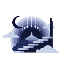 Islamic Night Illustration with Crescent Moon, Mosque Silhouette, and Hanging Stars